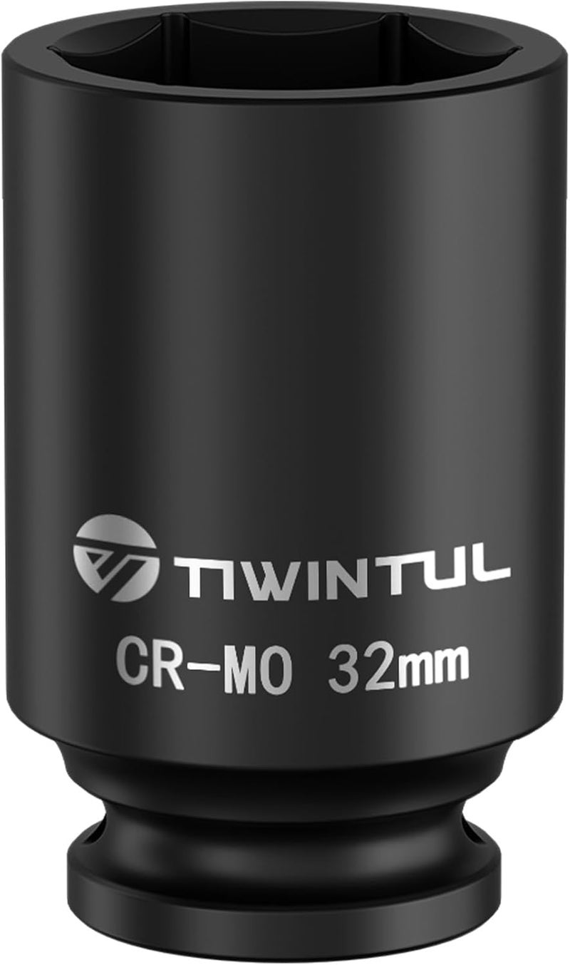 TIWINTUL 32mm Impact Socket 1/2 Inch Drive, Deep CR-MO Steel Impact Socket, 3.07" Length, 6 Point Design, Metric Size, Axle Nut Socket for Easy Removal of Axle Shaft Nuts - Image 1